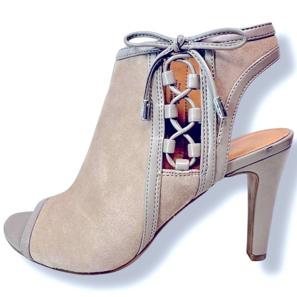 Franco Sarto Elton Suede Lace Up Heeled Sandals Peep Toe Tan Size 6